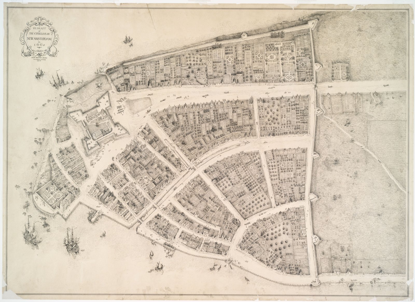 A 1916 redrawing of the 1660 Castello Plan showing the small walled city of New Amsterdam at the tip of Manhattan, with open land stretching north of the wall where half-free Black families held farms.