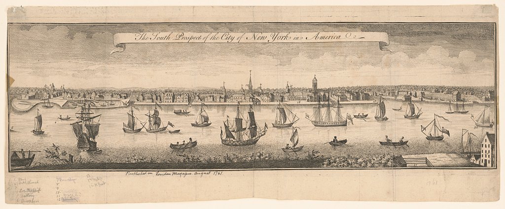 An engraved panoramic view of lower Manhattan's East River waterfront, ships and small boats on the water in the foreground and the town's church steeples and rooftops along the shore behind, based on the earliest known prospect of the city.